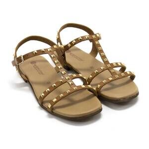 NEW ERIC MICHAEL women's diamond studded slingback flat sandals in honey